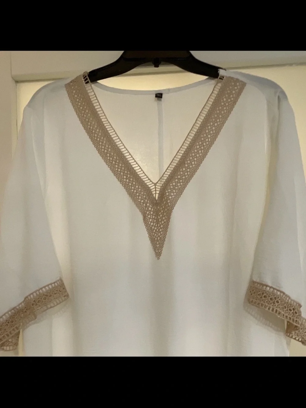3XL White Beach Cover-Up with Tan Crochet Trim